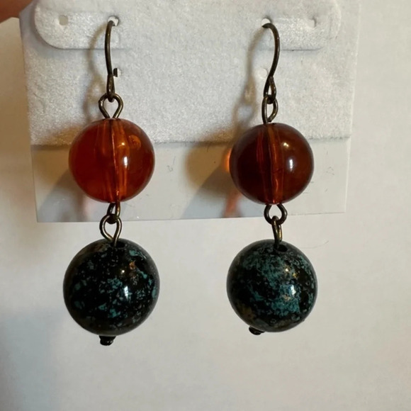Brown and Teal Marbled Ball Dangle Earrings NWT - Picture 1 of 5